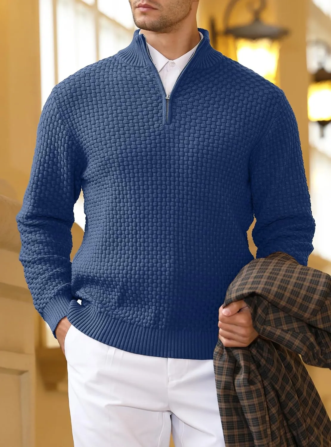 Zaitun Men's Quarter Zip Sweaters Polo Zip Up Pullover Waffle Knit Mock Neck Turtleneck